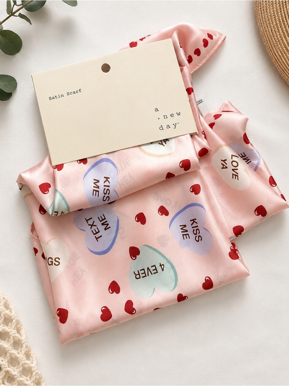 A New Day Pink Satin Conversation Heart Scarf NWT Valentine’s One Size